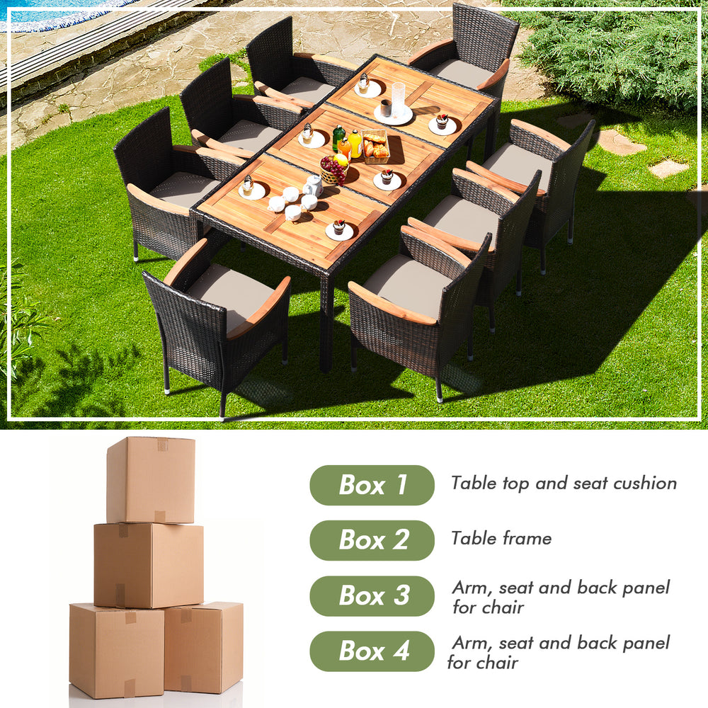 Detailed view of the cushioned seat and armrest from a stackable chair in the 9-piece rattan dining set for outdoor.