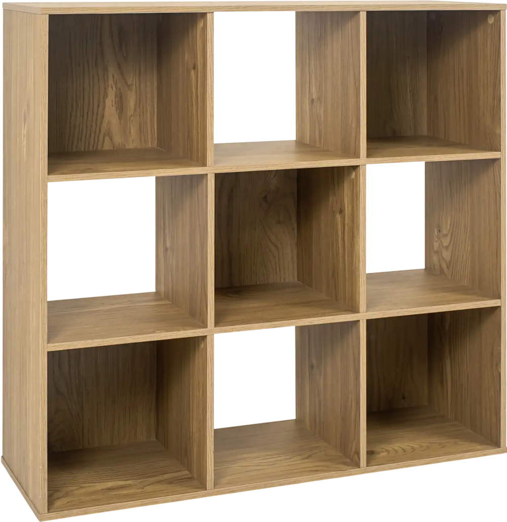 Natural wooden 9-cube bookshelf with anti-tip kits, ideal for organizing books and decorations in living rooms or kids' rooms.