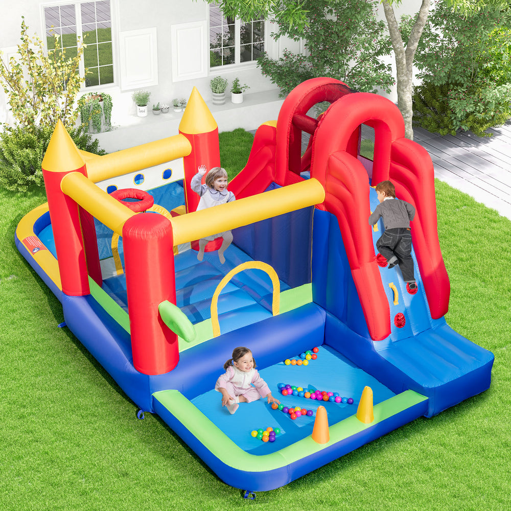 Colorful 9-in-1 inflatable bounce castle with water slide and splash pool, featuring a ball pit and safety handrails.