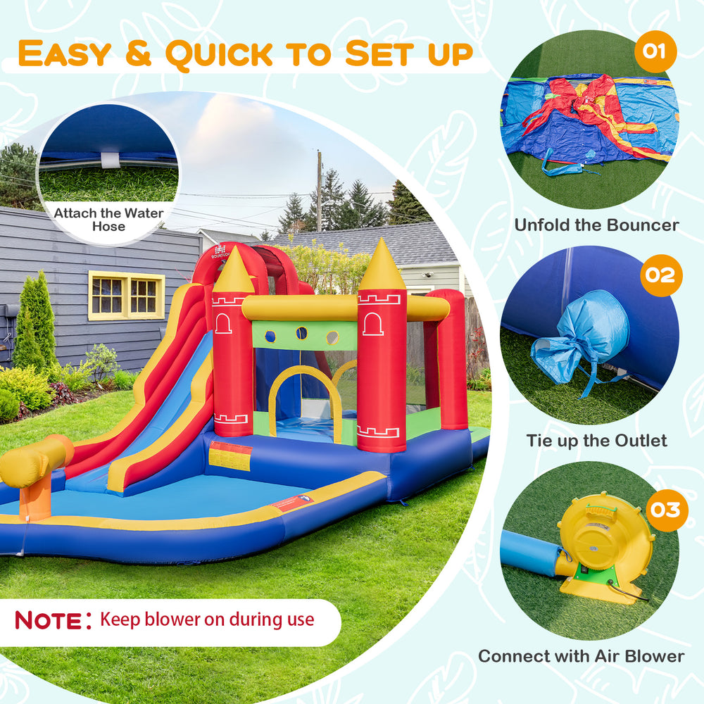 9-in-1 inflatable bounce castle with water slide, splash pool, and safety handrails for kids' outdoor fun.