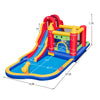 Inflatable bounce castle with water slide, splash pool, and safety handrails, perfect for kids' outdoor fun and games.