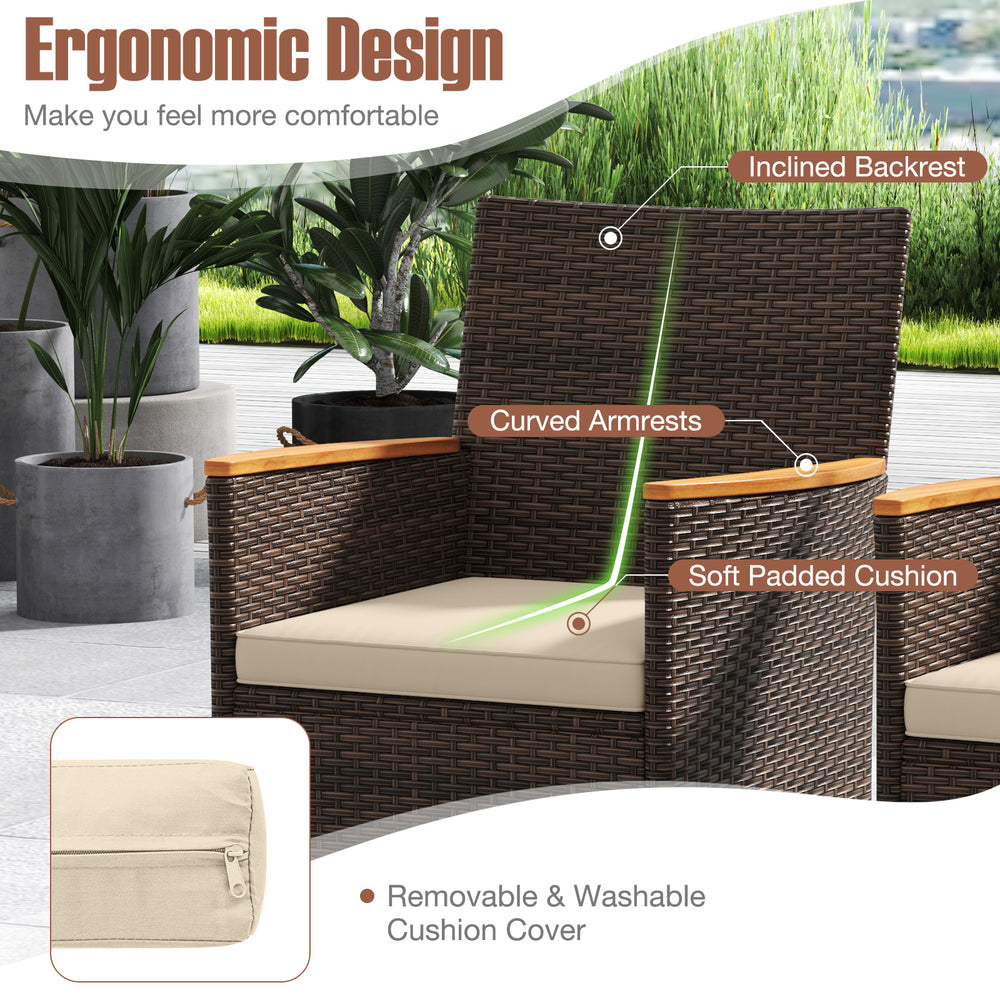 Curved armrests and soft padded cushions enhance comfort in this 9-piece outdoor dining set with acacia wood table.