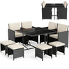 9-piece patio dining set featuring a tempered glass table, black PE rattan, and comfortable cream cushions for outdoor.