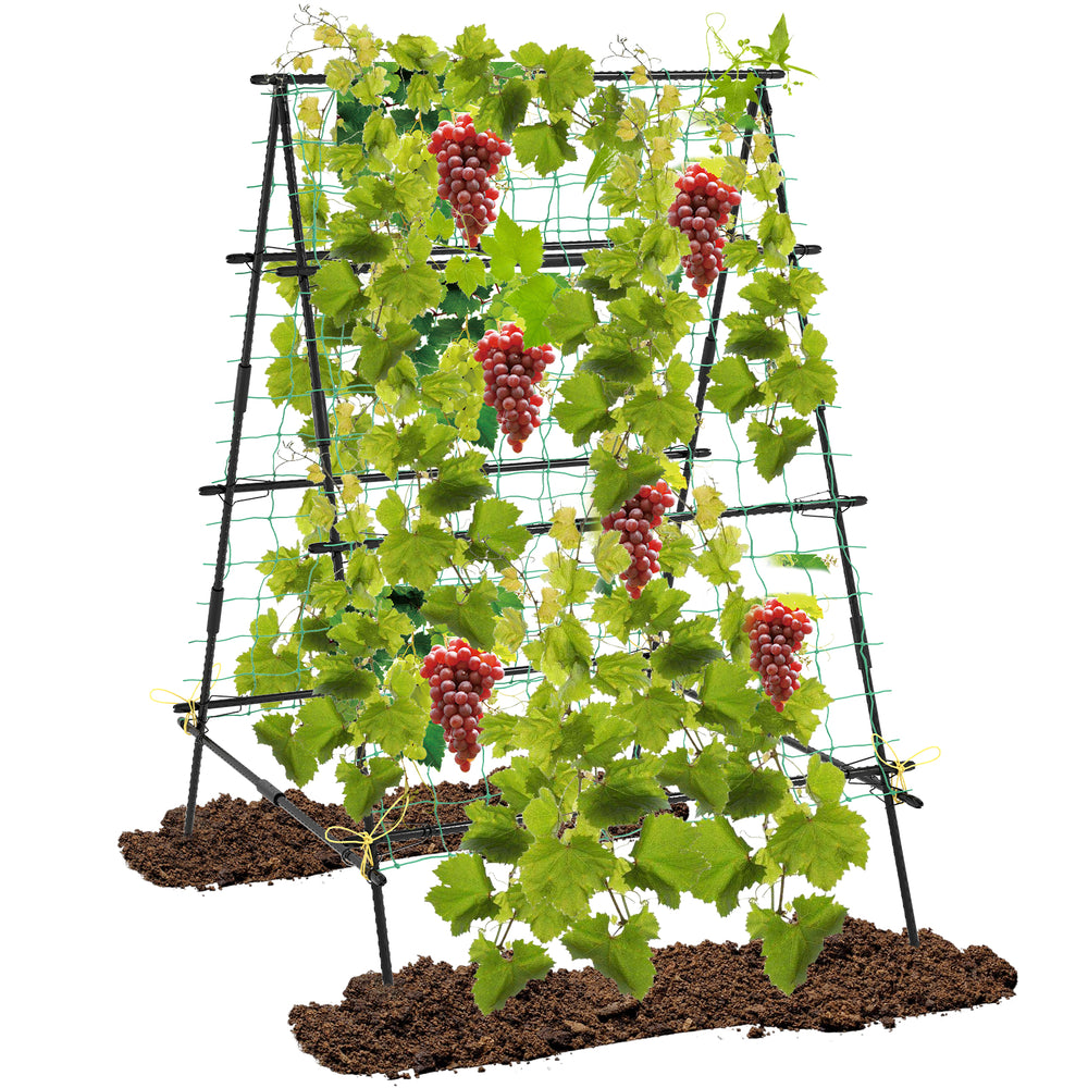 A-frame garden trellis with netting for climbing plants, featuring sturdy black metal tubes and vibrant green foliage.