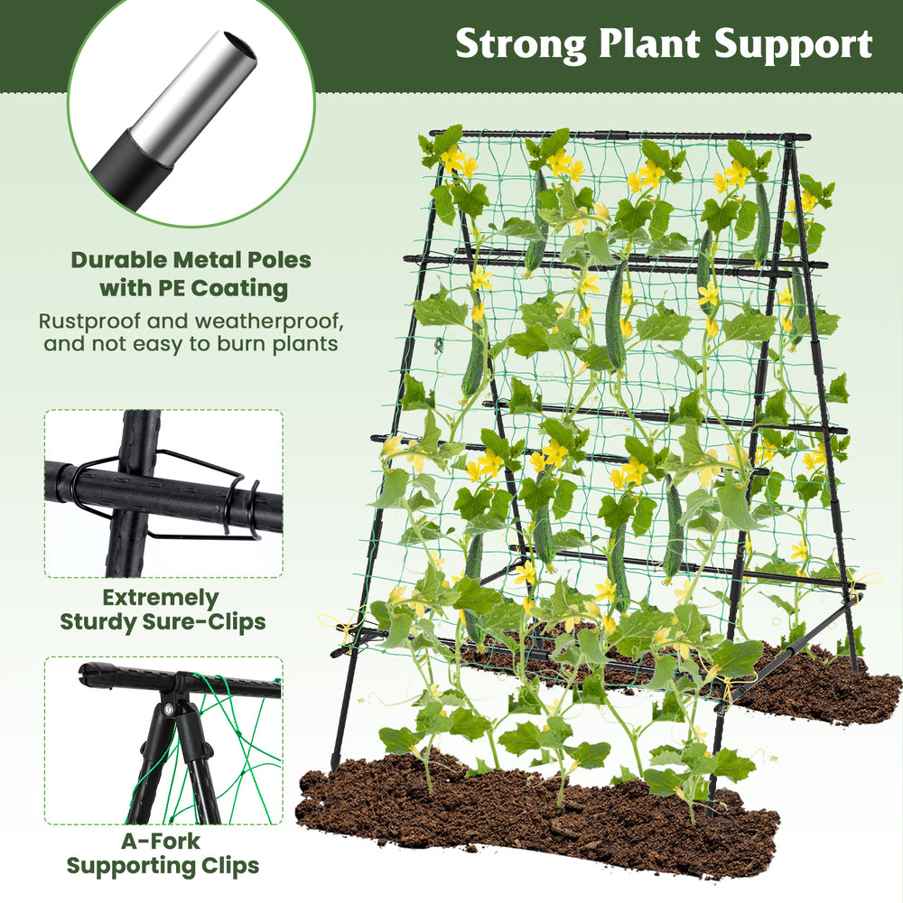 A-frame garden cucumber trellis with netting, featuring durable PE-coated metal poles for strong plant support outdoors.