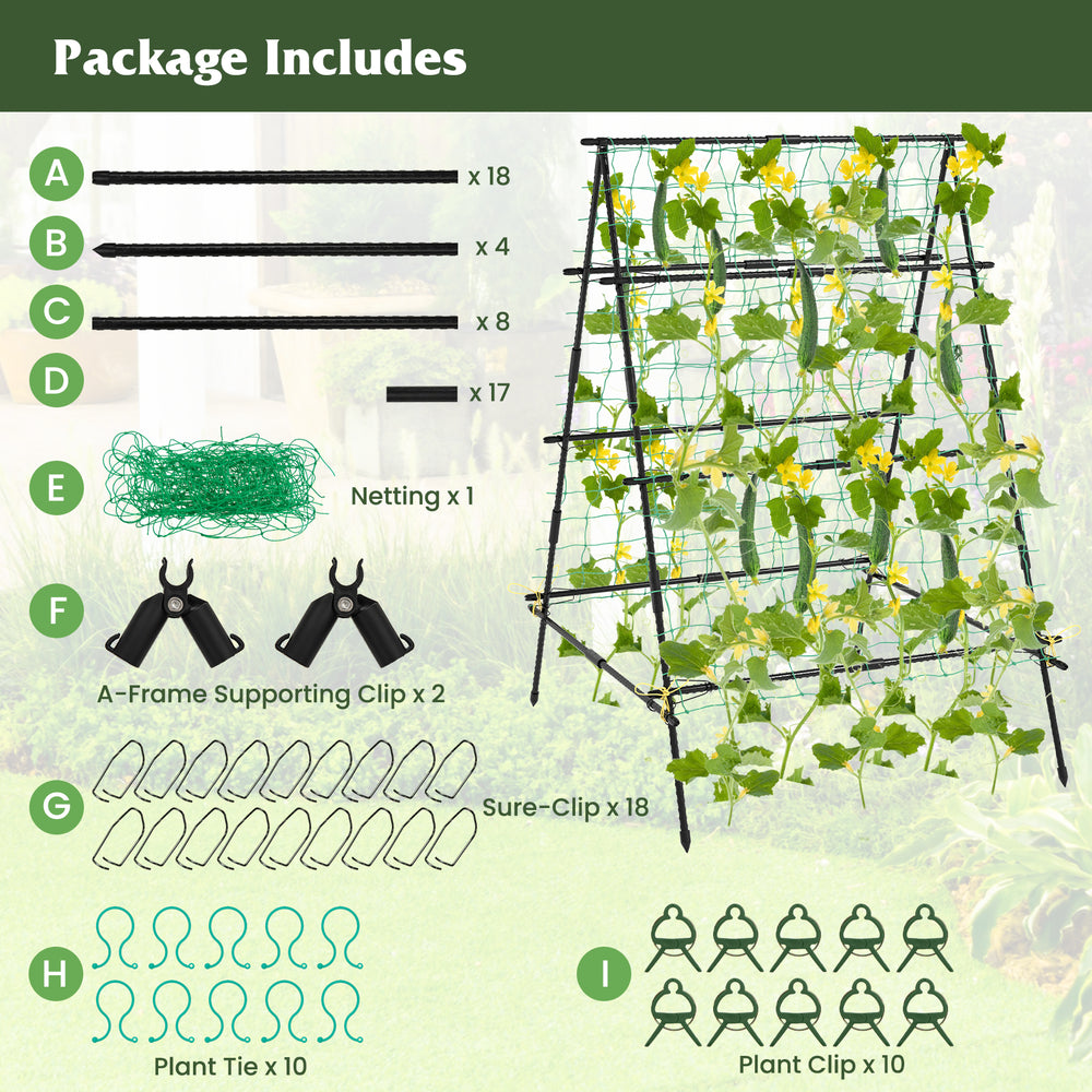 A-frame garden cucumber trellis with netting, sturdy PE-coated metal, ideal for climbing plants outdoors.