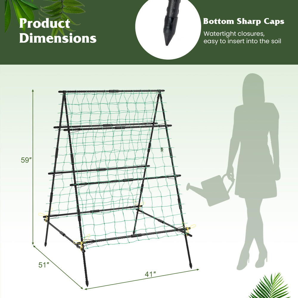 A-frame garden cucumber trellis with netting, black metal structure, 59" height, ideal for climbing plants outdoors.