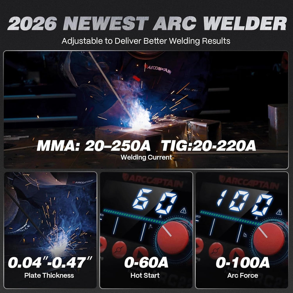 Arccaptain ARC250A newest arc welder output ranges and hot start/arc force graphic