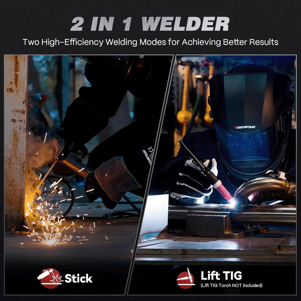 Arccaptain ARC250A 2-in-1 welder stick and lift TIG mode graphic