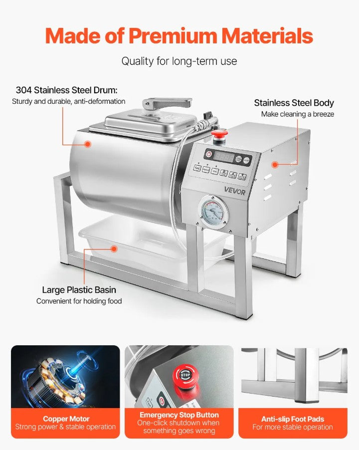 Vevor Vacuum Meat Tumbler 5.3 Gal Marinator Machine Stainless Steel Commercial Use New