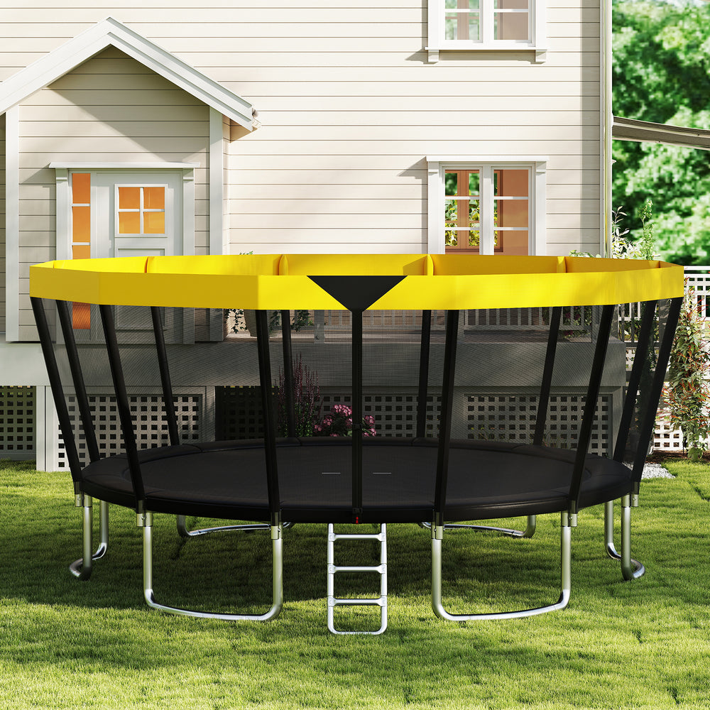Yellow ASTM compliant recreational trampoline with non-slip ladder, featuring a strong enclosure net and padded poles.