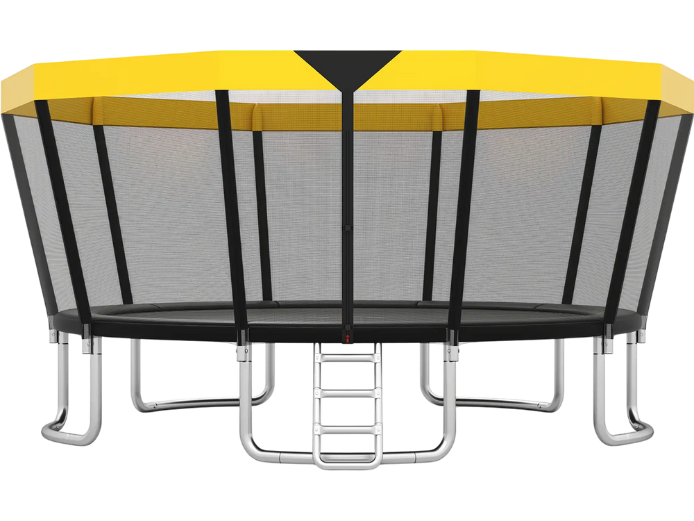 Round ASTM compliant trampoline in yellow with a strong enclosure net and non-slip ladder for safe outdoor fun.