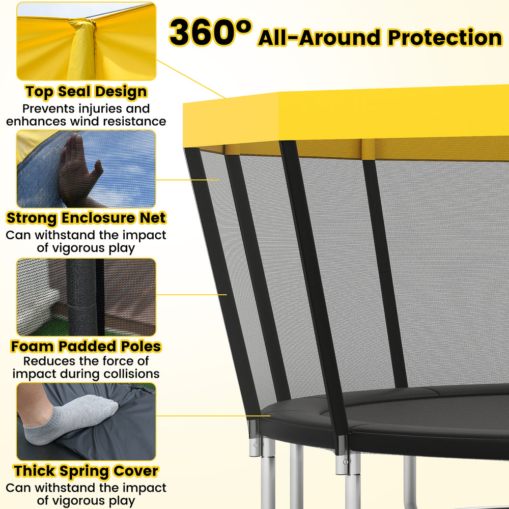 Yellow ASTM compliant recreational trampoline featuring a strong enclosure net and foam padded poles for safety.