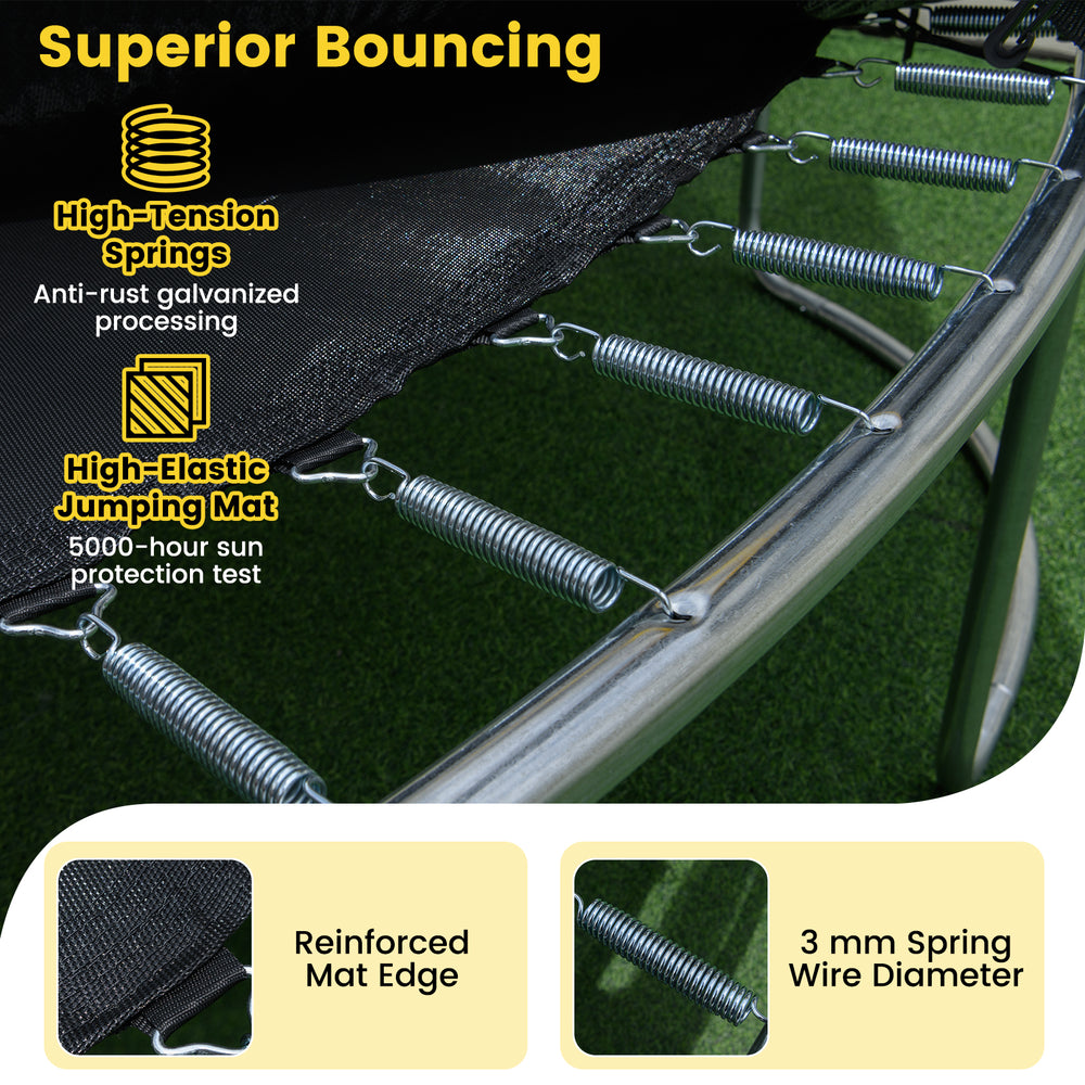 Close-up of high-tension springs and reinforced mat edge on the ASTM compliant trampoline for enhanced safety and.