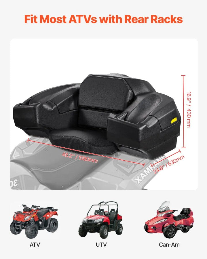 Vevor ATV Rear Storage Box Lounger 42.5" x 24.8" x 16.9" 95 Qt Capacity with Seat and Backrest New