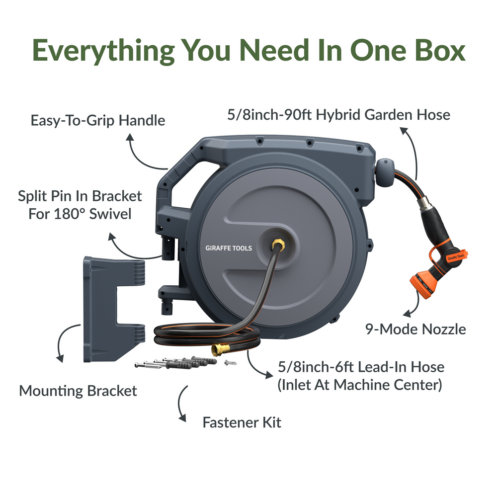Giraffe Tools Retractable Garden Hose Reel 5/8in-90ft New