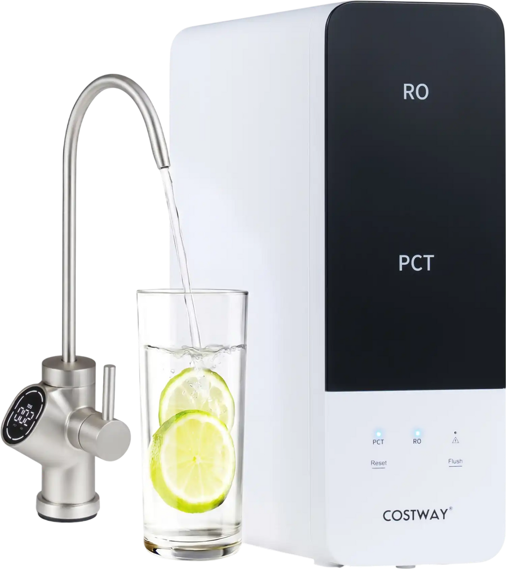 Alkaline PH+ Reverse Osmosis water filter system with smart LED faucet, compact design, and 600 GPD flow rate for.