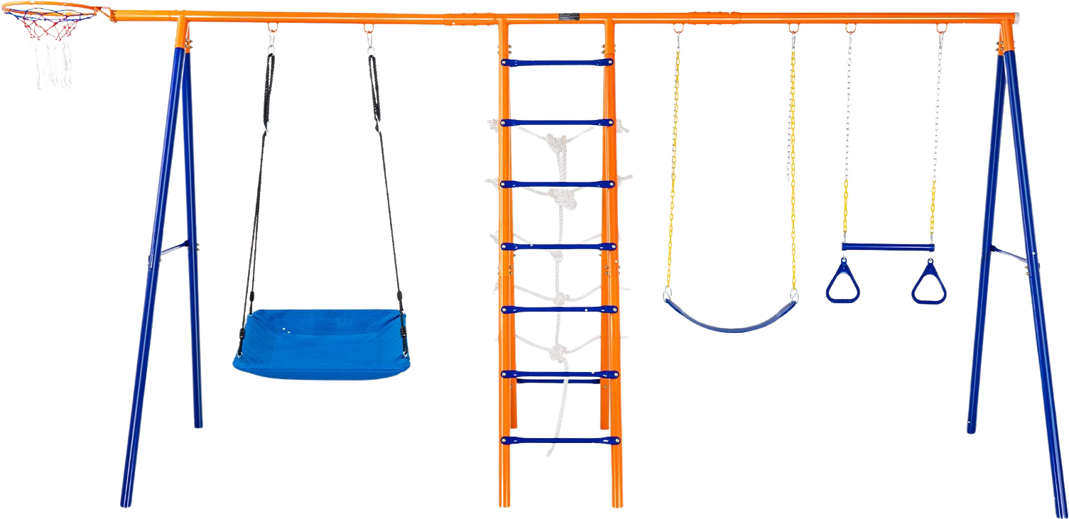 Vevor Swing Set 6-in-1 Outdoor A-Frame Playset with Swings Climbing Net Basketball Hoop 440 Lbs Capacity New