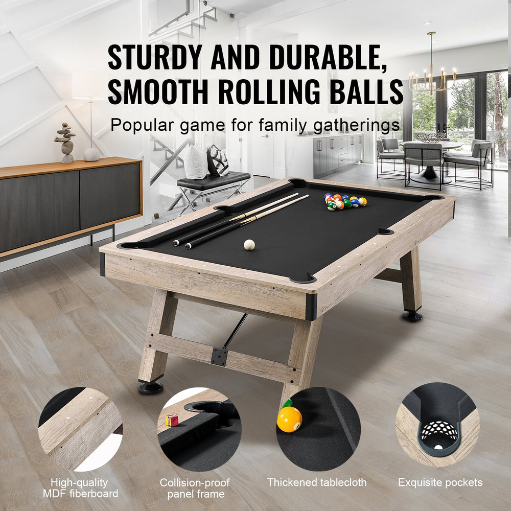 Vevor Billiards Table 7' Wood Color with Black Cloth Pool Table Set Includes Balls and Cues New