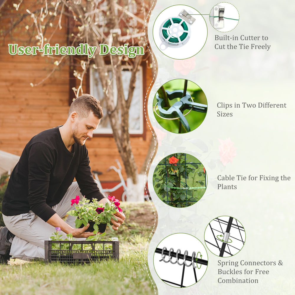 A-Frame garden trellis in green with ground stake and cable tie, designed for supporting climbing plants.