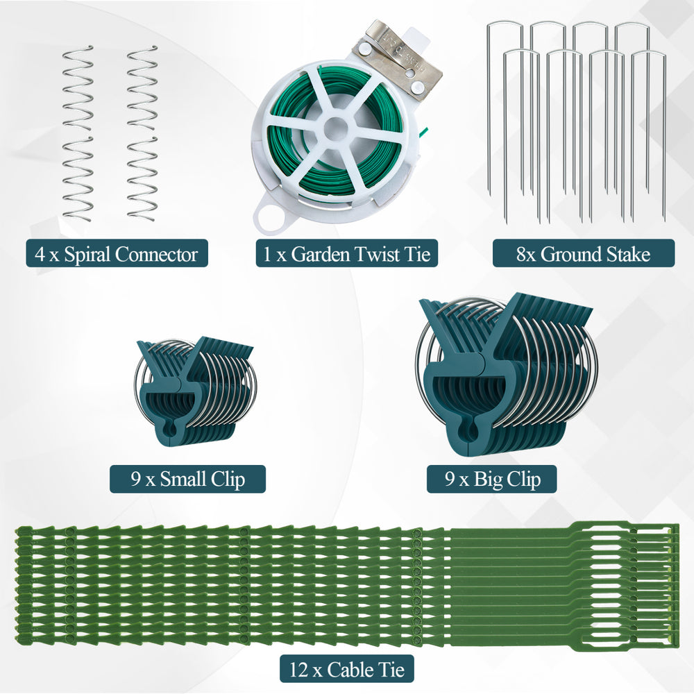 A-Frame garden trellis kit in green with ground stakes, cable ties, and clips for supporting climbing plants.