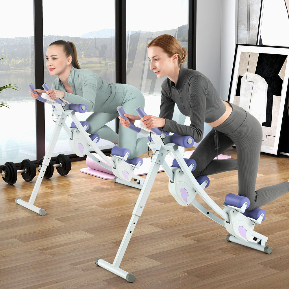 Ab machine with adjustable heights and LCD monitor, featuring heavy-duty steel frame and high-density foam for comfort.