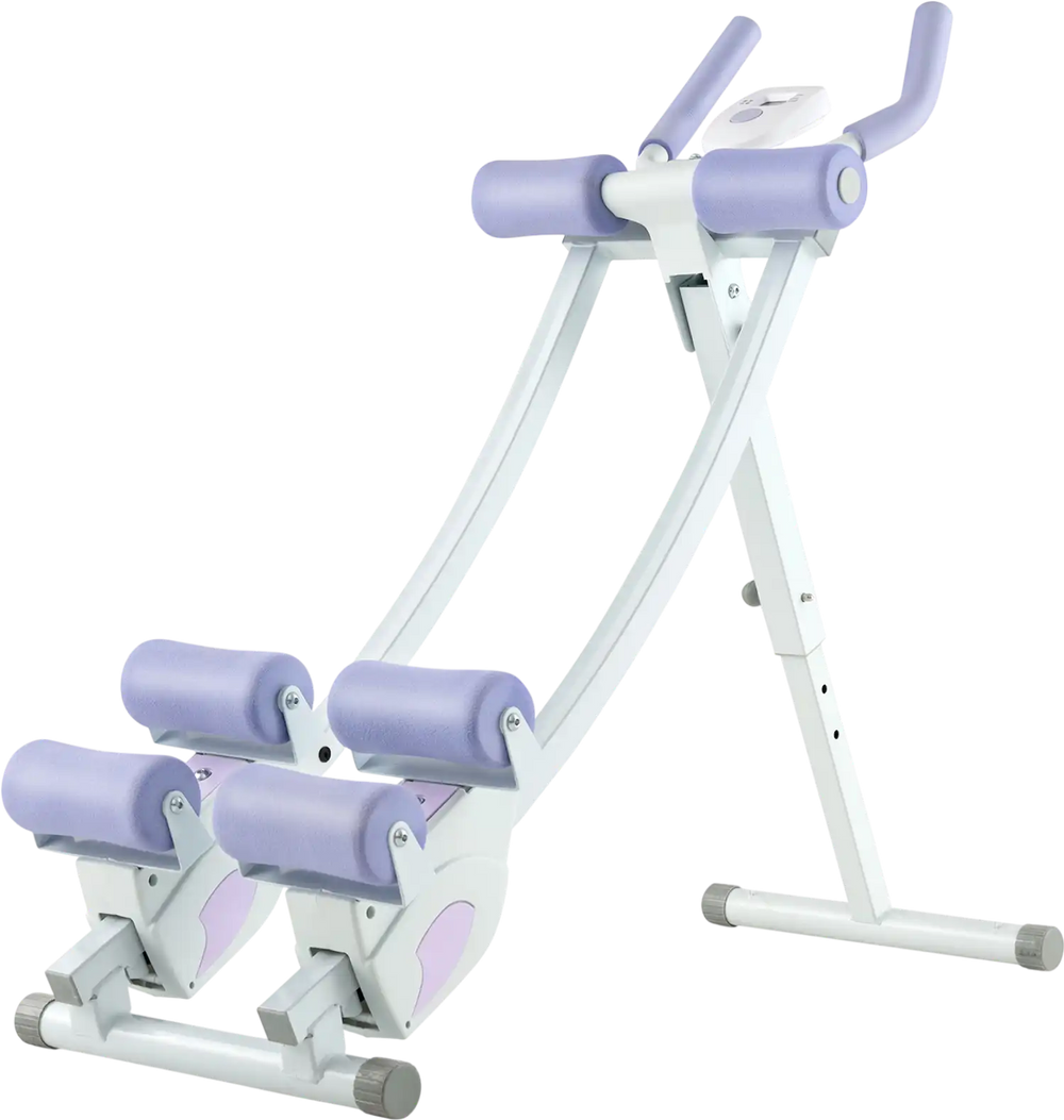 Ab machine in purple with adjustable heights, LCD monitor, and heavy-duty steel frame for home and gym workouts.