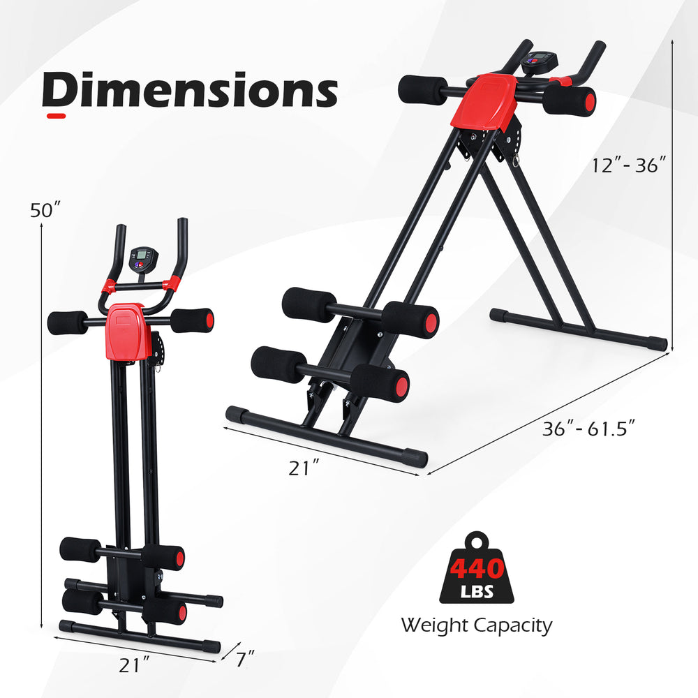 Foldable abdominal trainer in black with adjustable incline, LCD monitor, and 440 lbs weight capacity for versatile.