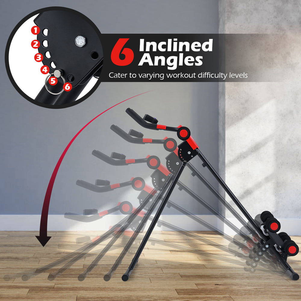 Adjustable abdominal trainer with 6 incline settings for varied workouts, featuring a sturdy frame and ergonomic.