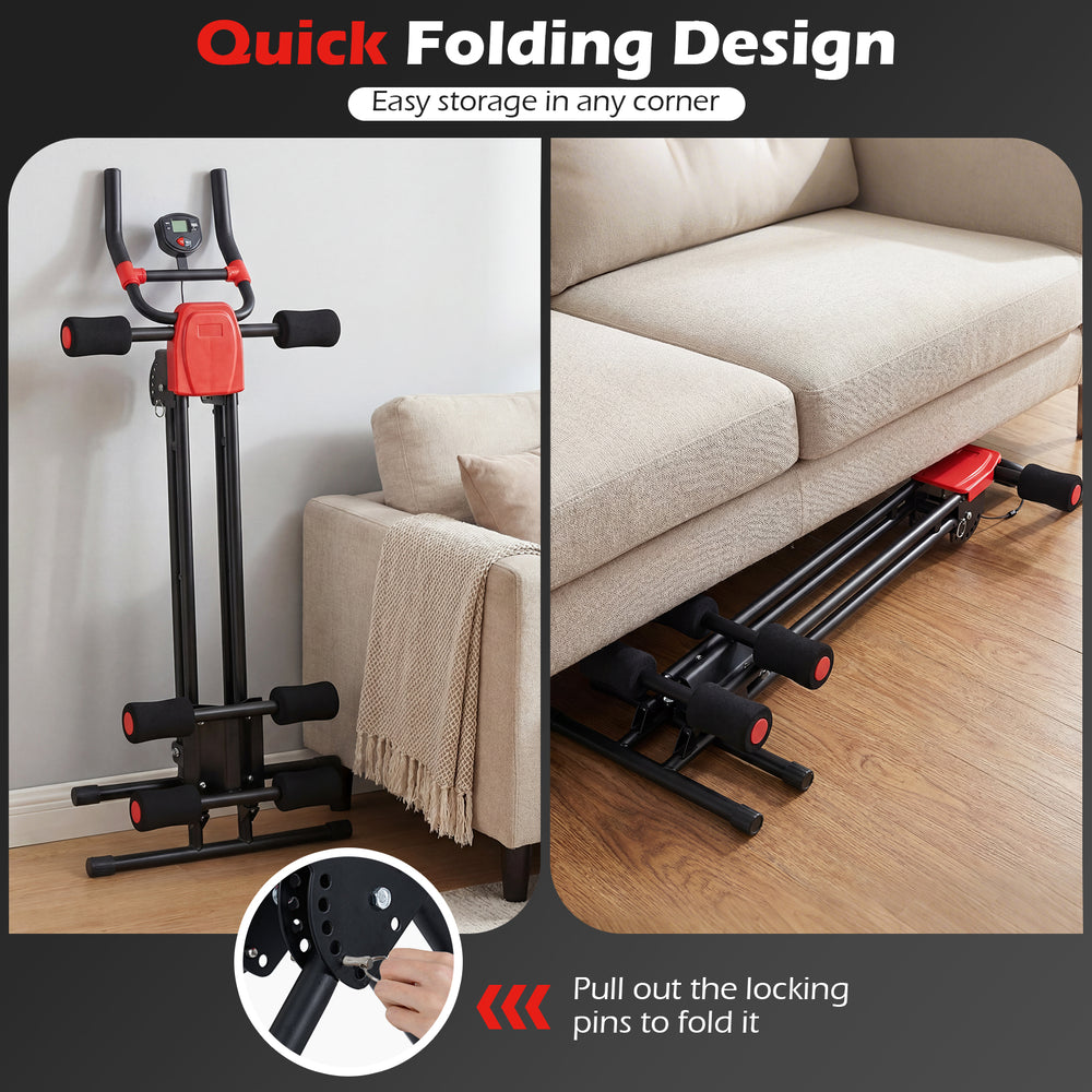 Foldable abdominal trainer in black with adjustable incline settings, designed for easy storage under furniture.