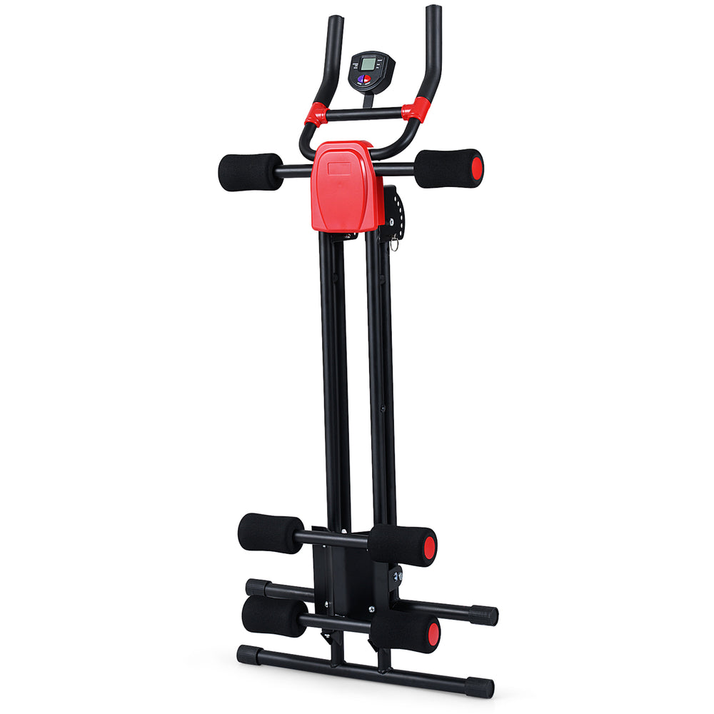 Foldable abdominal trainer in black with adjustable incline, ergonomic handlebars, and LCD monitor for effective.