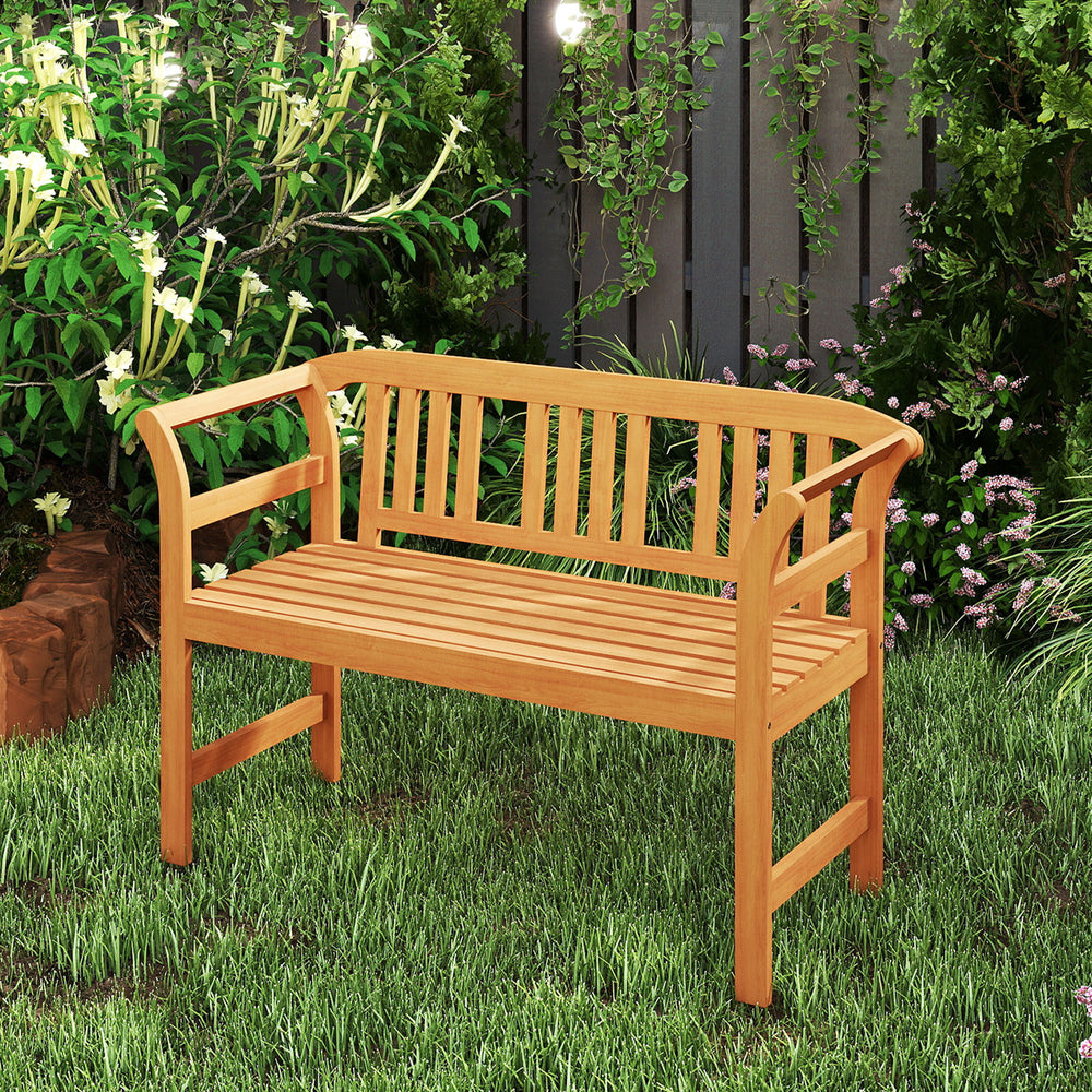 Acacia wood 2-person patio loveseat with backrest and armrests, perfect for garden relaxation and outdoor seating.