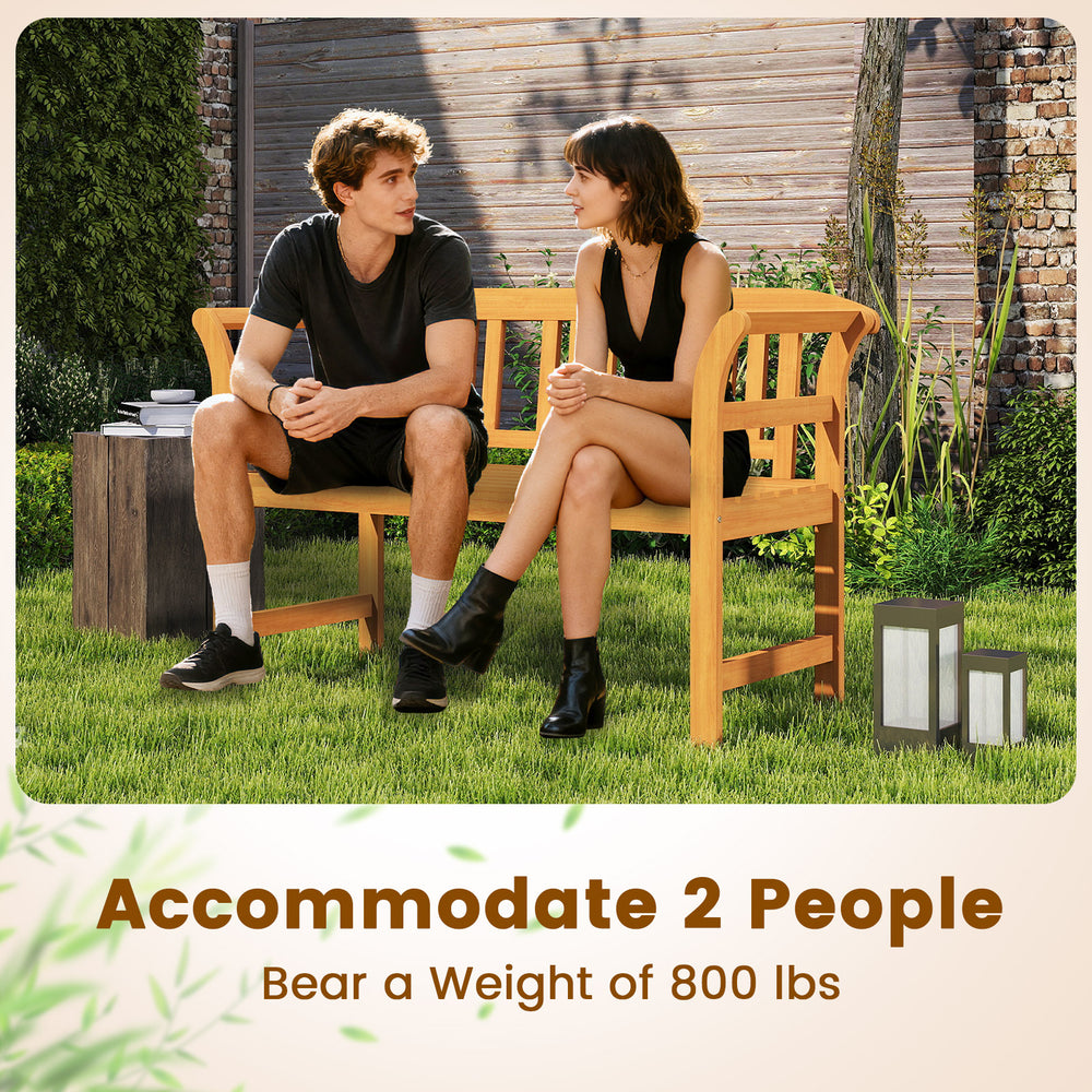 Acacia wood 2-person patio loveseat with backrest and armrests, accommodating 800 lbs, ideal for outdoor relaxation.