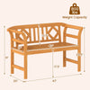 Acacia wood 2-person patio loveseat with geometric backrest, armrests, and 800 lbs capacity, ideal for outdoor.