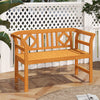 Acacia wood 2-person patio loveseat with geometric backrest and armrests, ideal for garden or porch relaxation.