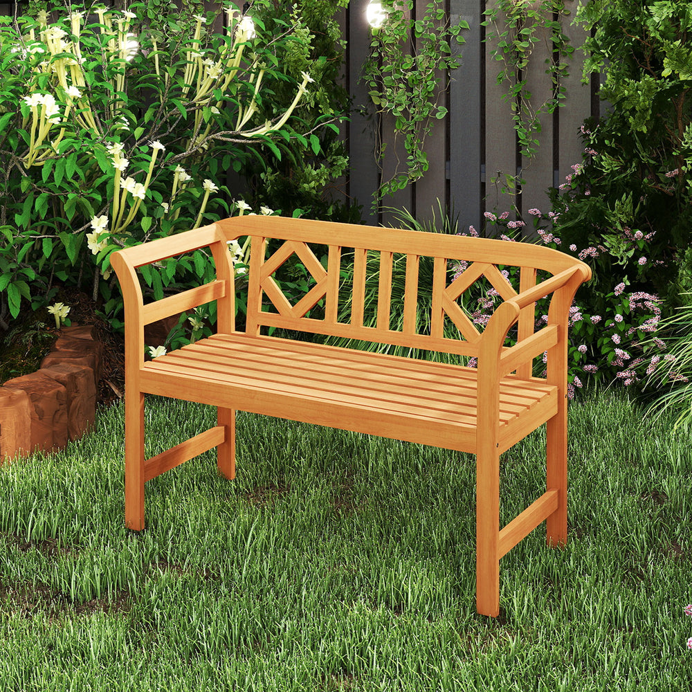 Acacia wood 2-person patio loveseat featuring a sleek design and comfortable armrests, perfect for enhancing garden.