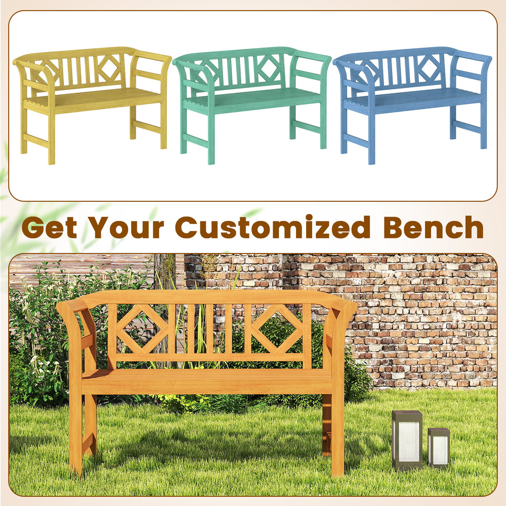 Acacia wood 2-person patio loveseat with geometric backrest, perfect for garden relaxation and customizable colors.