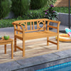 Acacia wood 2-person patio loveseat with geometric backrest and armrests, perfect for backyard relaxation by the.