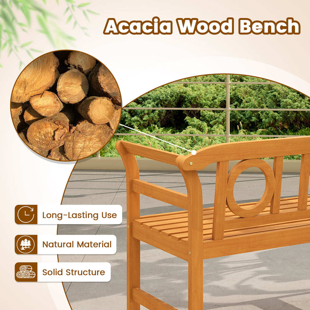 Acacia wood loveseat with geometric backrest and armrests, perfect for backyard relaxation and outdoor patios.