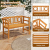Acacia wood 2-person patio loveseat with geometric backrest and curved armrests, perfect for backyard relaxation.