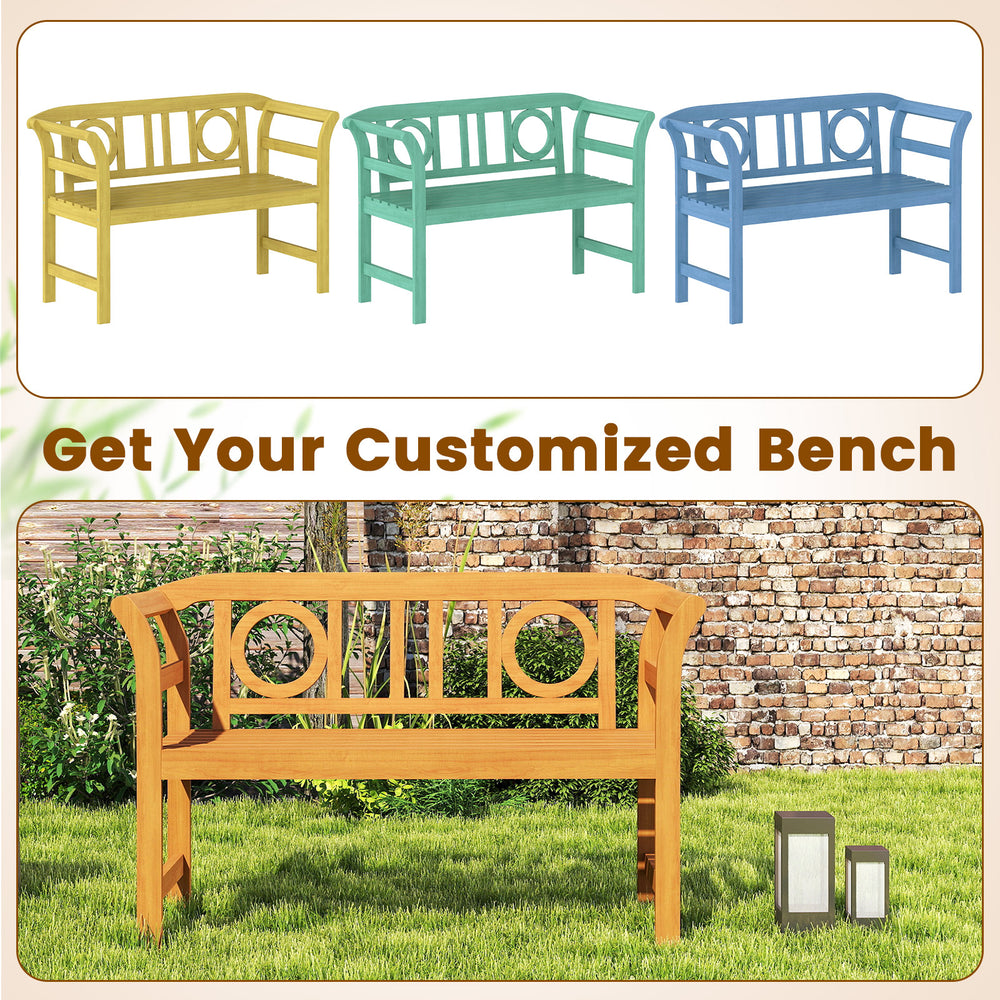 Colorful acacia wood 2-person patio loveseat ready for customization, perfect for adding charm to your backyard.