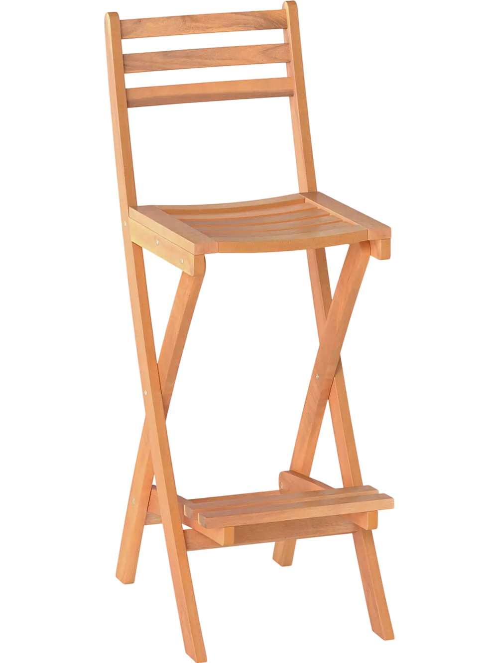 Acacia wood bar height chair with backrest and footrest, featuring a slatted design for outdoor backyard use.