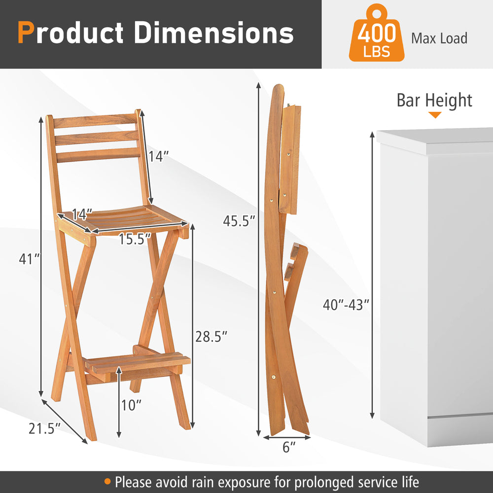 Acacia wood bar height chair with backrest, featuring a quick folding design, ideal for outdoor use in backyards.