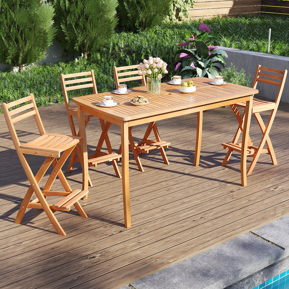 Acacia wood bar height chair with backrest and footrest, perfect for outdoor backyard seating and ergonomic comfort.