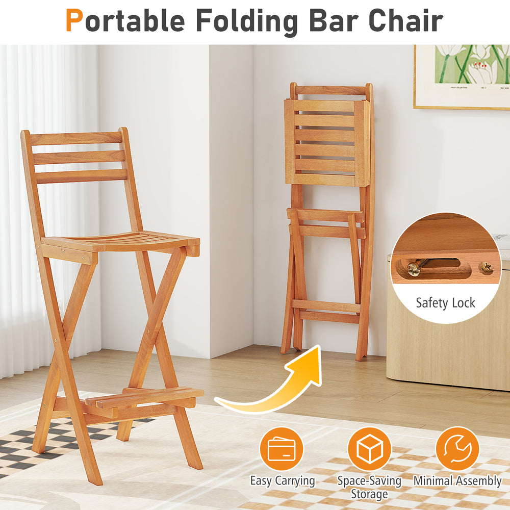 Acacia wood bar height chair with backrest, featuring a folding design for easy storage and portability in outdoor.