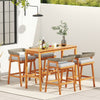 Acacia wood counter height table with slatted tabletop, perfect for outdoor gatherings on patios or balconies.