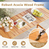 Acacia wood counter height table with slatted tabletop, ideal for gatherings in backyards or pool areas.