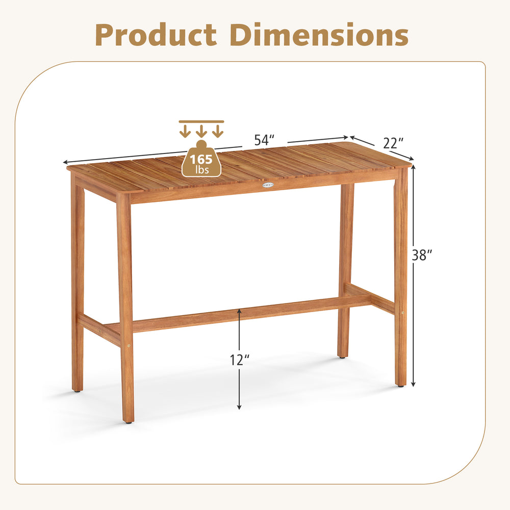 Acacia wood counter height table with slatted tabletop, dimensions 54" x 22", ideal for outdoor gatherings.