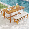 Acacia wood dining table for 6 with slatted surface, ideal for outdoor dining by the poolside.