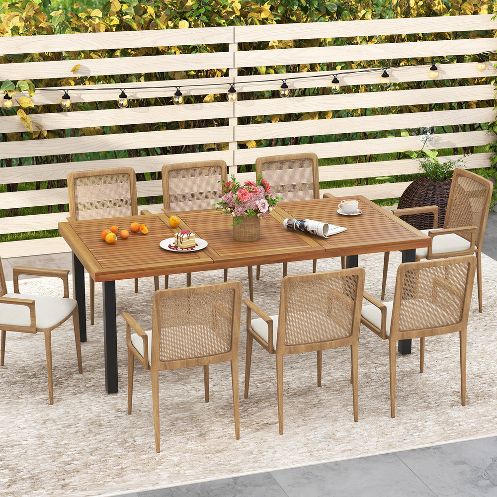 79-inch acacia wood dining table for 8 with slatted design, umbrella hole, and adjustable foot pads, perfect for.